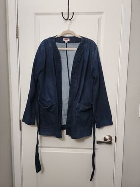 D& Co. Open-Front Dark Blue Denim Jacket with Tie Waist